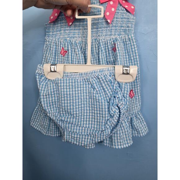 Rare Editions Aqua Check Seersucker Pink Butterfly Dress & Bloomers 12 Months - Picture 6 of 7